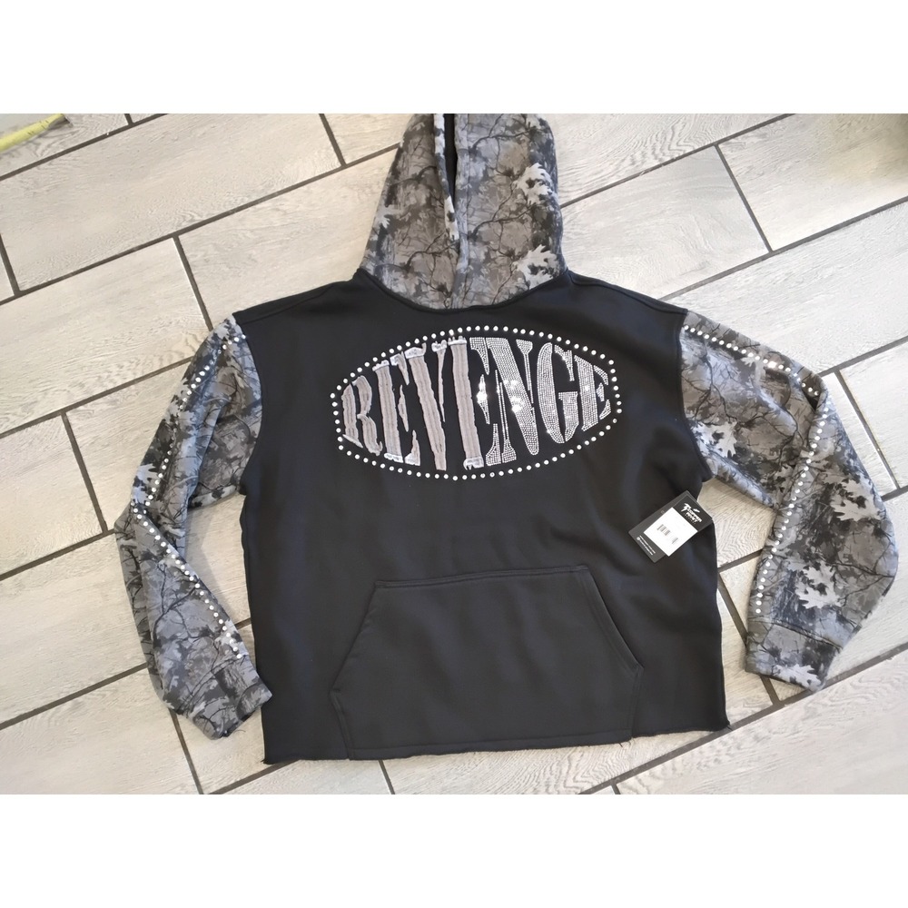 Copper Rivet Mens Revenge Hoodie Black Camo Rhinestone Living Lavish L NWT